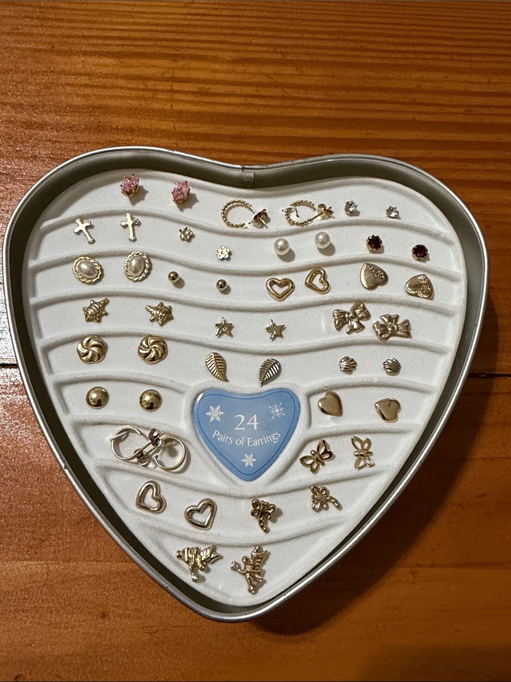 24-Pair Gold Tone Mixed Stud Earrings Set - Heart Tin